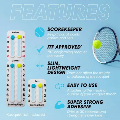 Scoring Right Portable Tennis Racket and Padel Scorekeeper, Easily Mounted Small Score Board to Keep Score of Points, Games, and Sets, ITF Conforming and Lightweight Mini Score Keeper, 1.9g